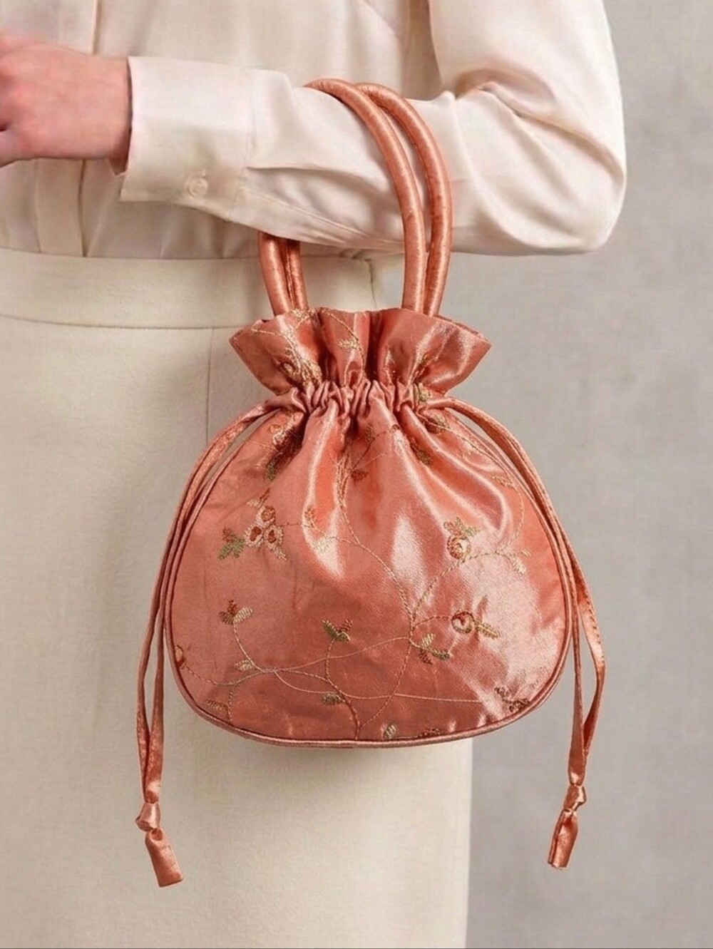 Embroidered Floral Peach Satin Drawstring Mini Pouch Bag Evening Cocktail NWT